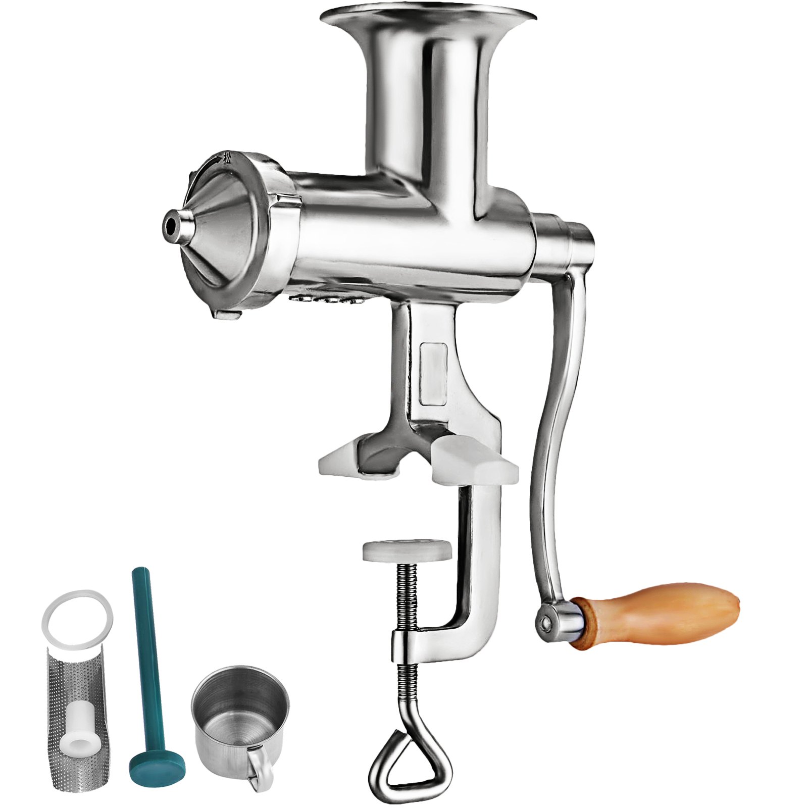 Exprimidor de pasto de trigo VEVOR con cuerpo de acero inoxidable y accesorios con mango de madera.