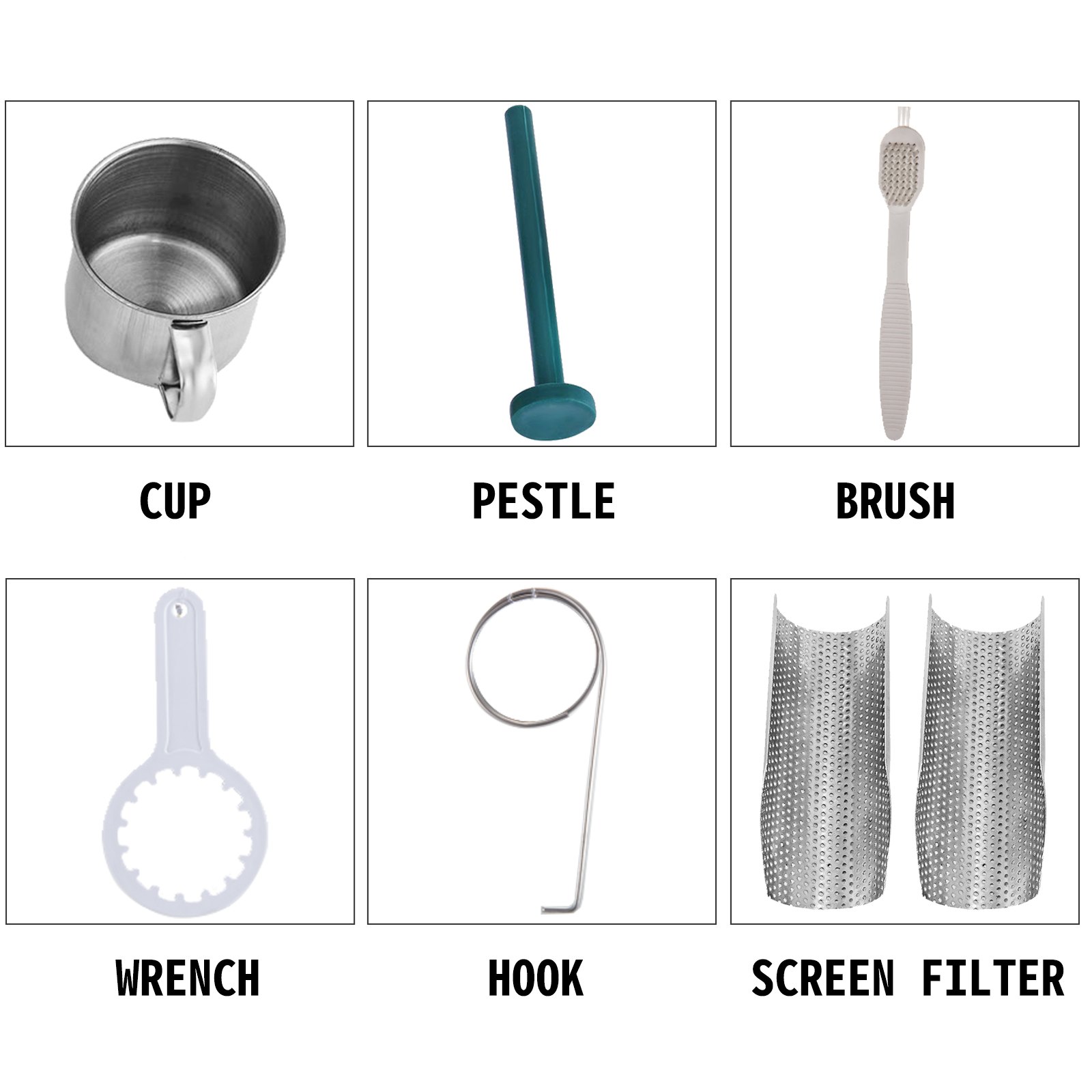Accesorios para exprimidor de pasto de trigo VEVOR: taza, mortero, cepillo, llave, gancho, filtro de pantalla.