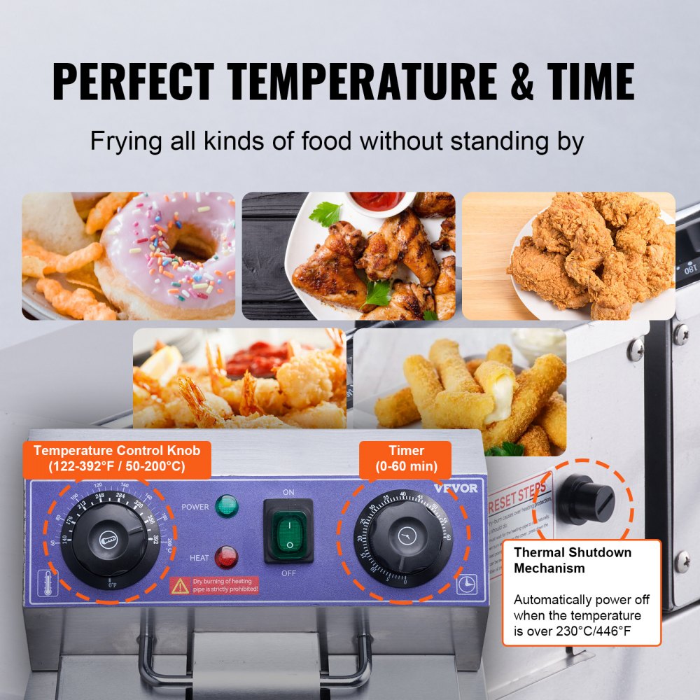 Freidora eléctrica VEVOR con temperatura regulable, temporizador y apagado térmico, para freír diversos alimentos.