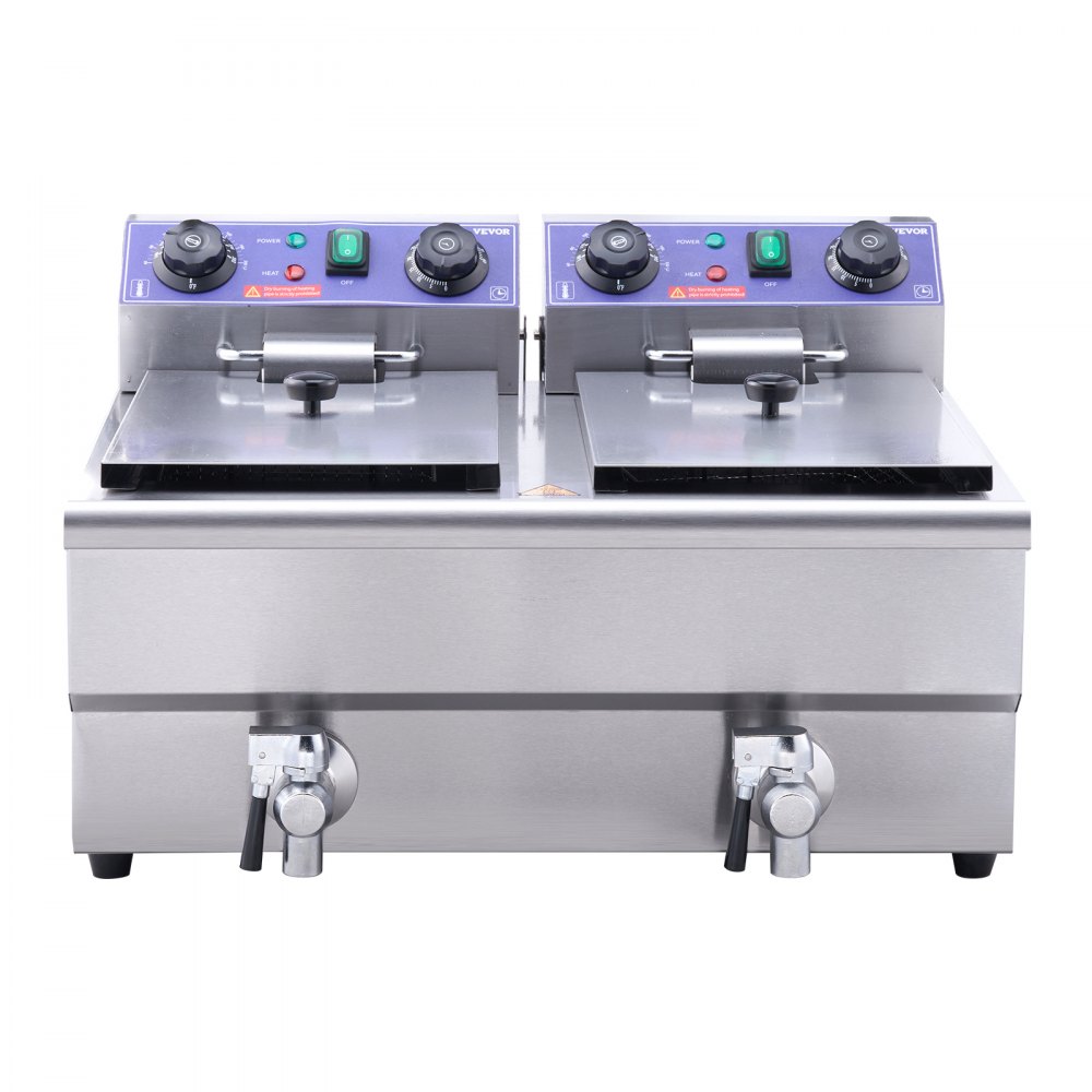 Freidora eléctrica dual VEVOR con dos perillas de control de temperatura y cuerpo de acero inoxidable.