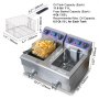 Freidora eléctrica VEVOR con tanques dobles, canasta de freidora llena y detalles de capacidad con dimensiones.