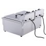 Freidora eléctrica dual VEVOR con cuerpo de acero inoxidable y controles de temperatura, cables de alimentación negros adjuntos.