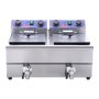Freidora eléctrica dual VEVOR con dos perillas de control de temperatura y cuerpo de acero inoxidable.