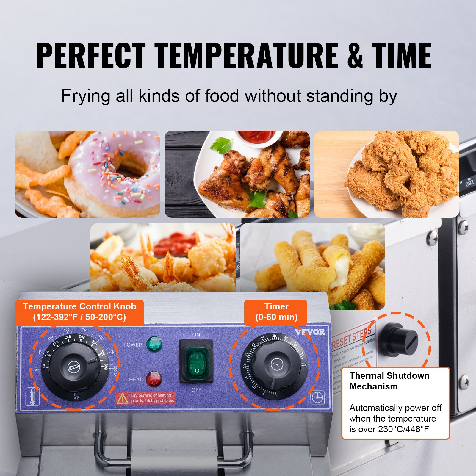 Freidora eléctrica VEVOR con temperatura regulable, temporizador y apagado térmico, para freír diversos alimentos.