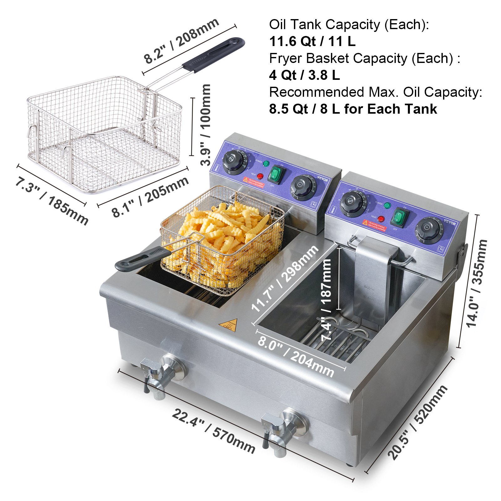Freidora eléctrica VEVOR con tanques dobles, canasta de freidora llena y detalles de capacidad con dimensiones.