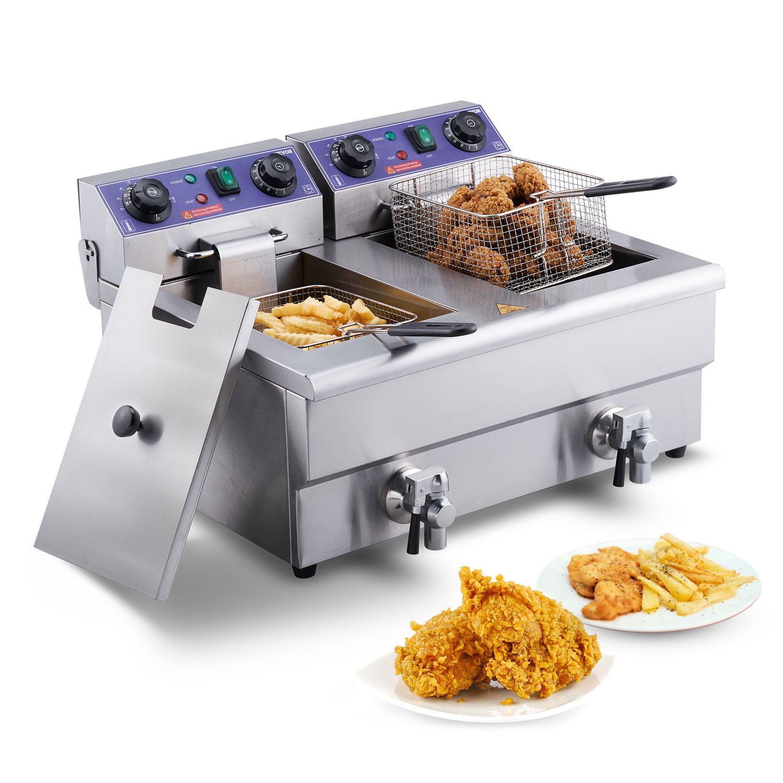 Freidora eléctrica VEVOR con cestas dobles para freír pollo y patatas fritas; comida frita en plato en primer plano.