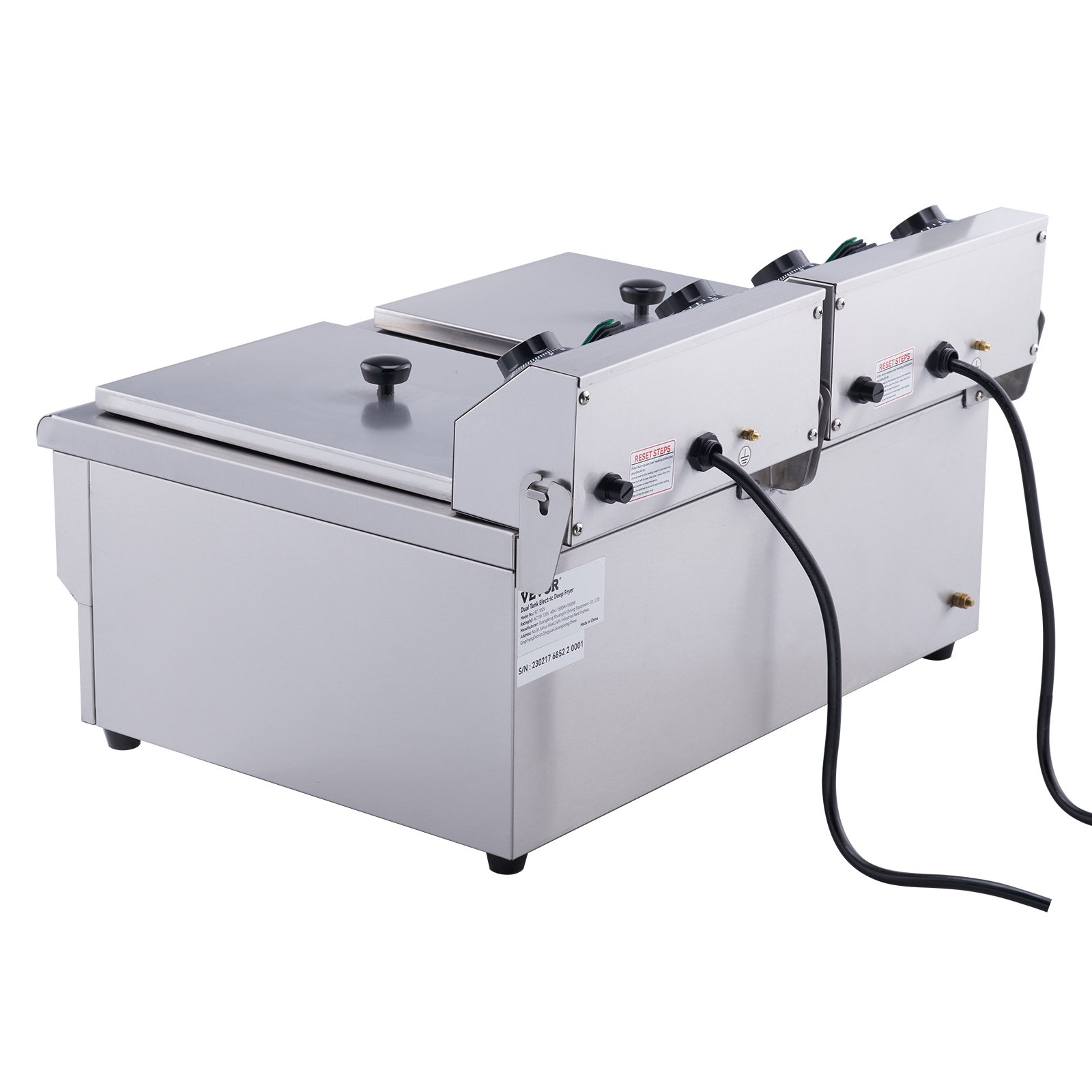 Freidora eléctrica dual VEVOR con cuerpo de acero inoxidable y controles de temperatura, cables de alimentación negros adjuntos.