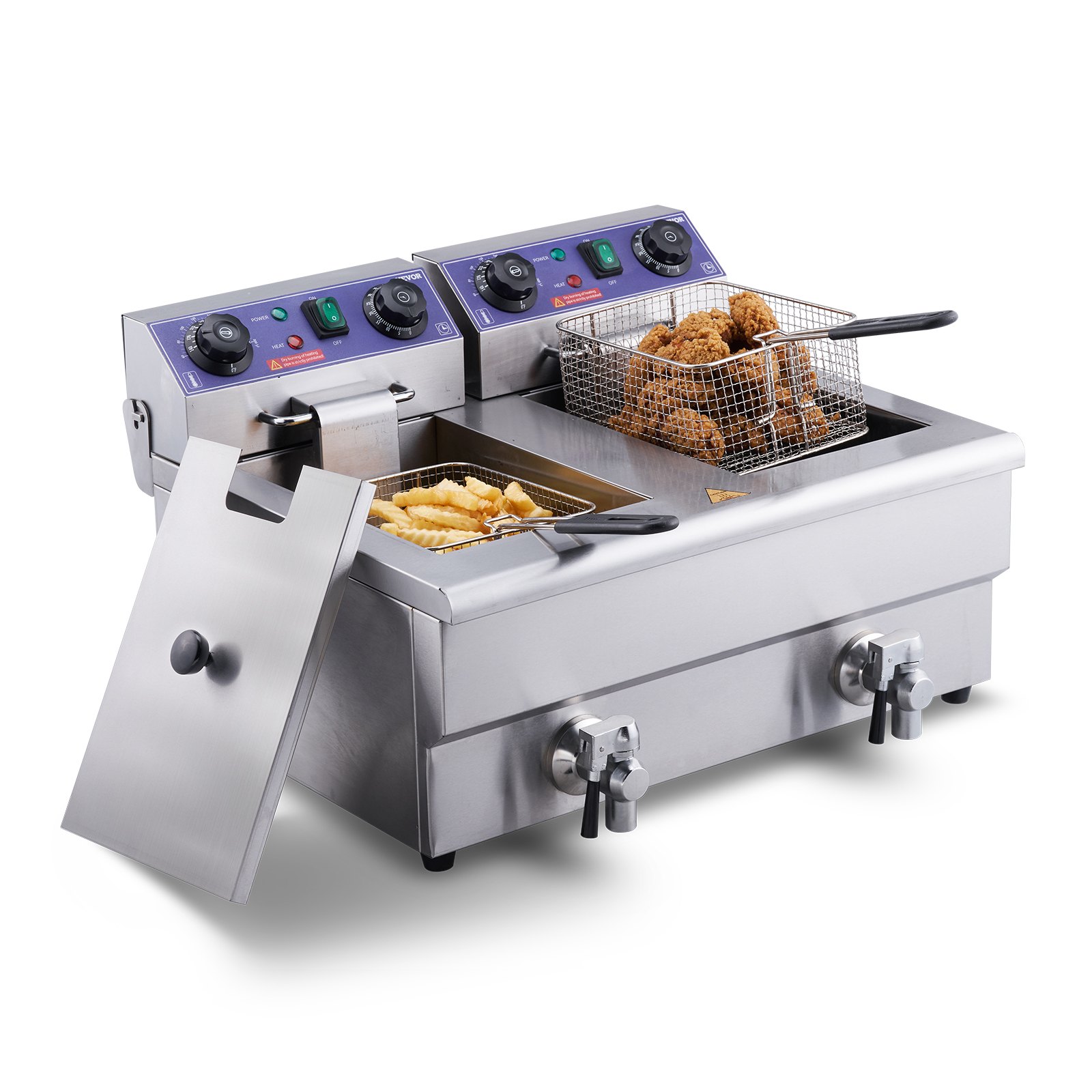 Freidora eléctrica VEVOR con doble cesta, para freír pollo y patatas fritas, cuerpo de acero inoxidable, controles.