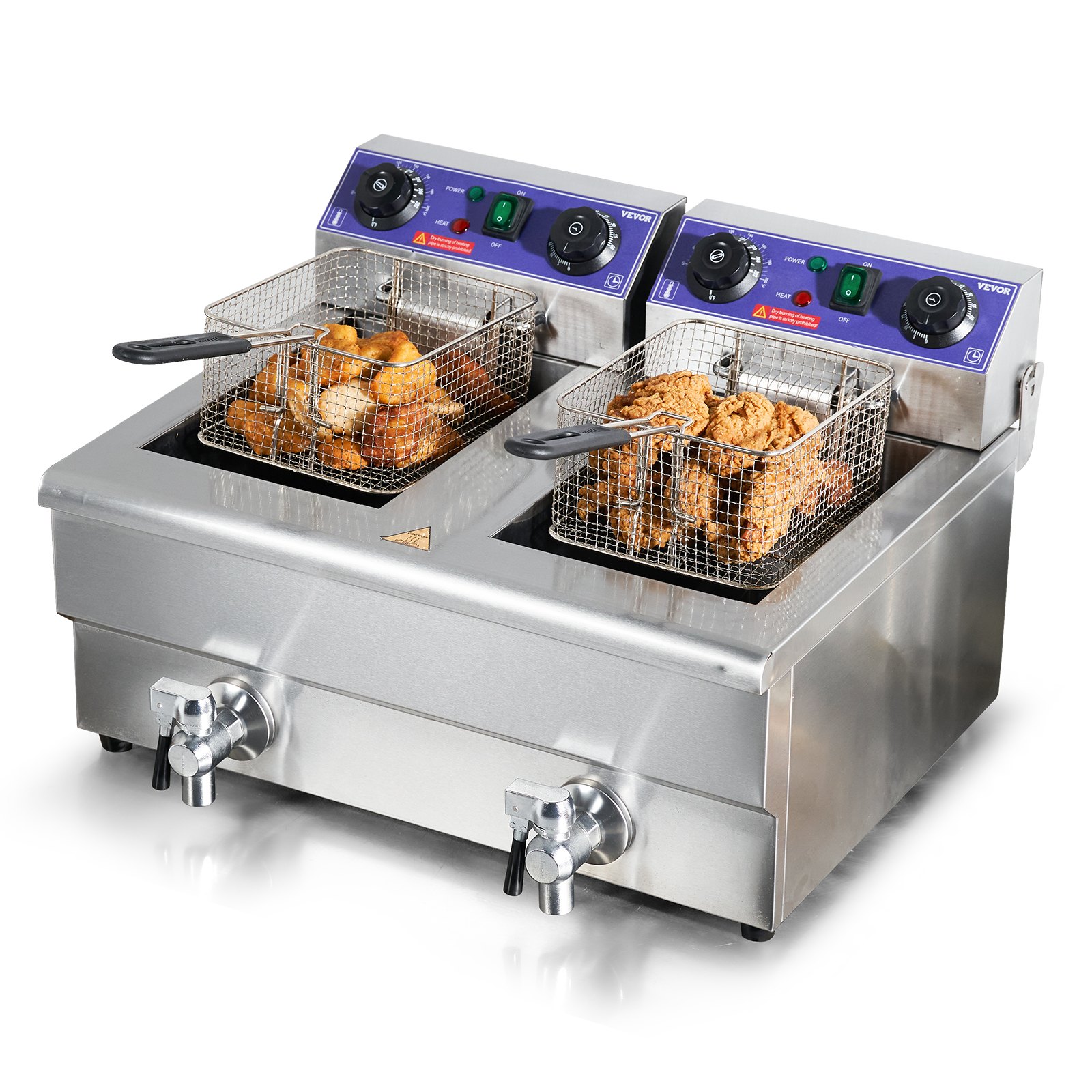 Freidora eléctrica dual VEVOR con pollo frito en cestas, cuerpo de acero inoxidable y perillas de control.