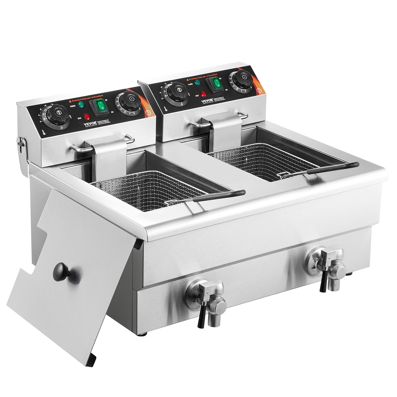 Freidora comercial VEVOR, freidora eléctrica de encimera de doble tanque de 3000 W con cesta, 2 x 11,6 qt/11 l, freidora de aceite doble de acero inoxidable con filtración de aceite, control de tiempo y temperatura, para uso en cocinas y restaurantes.