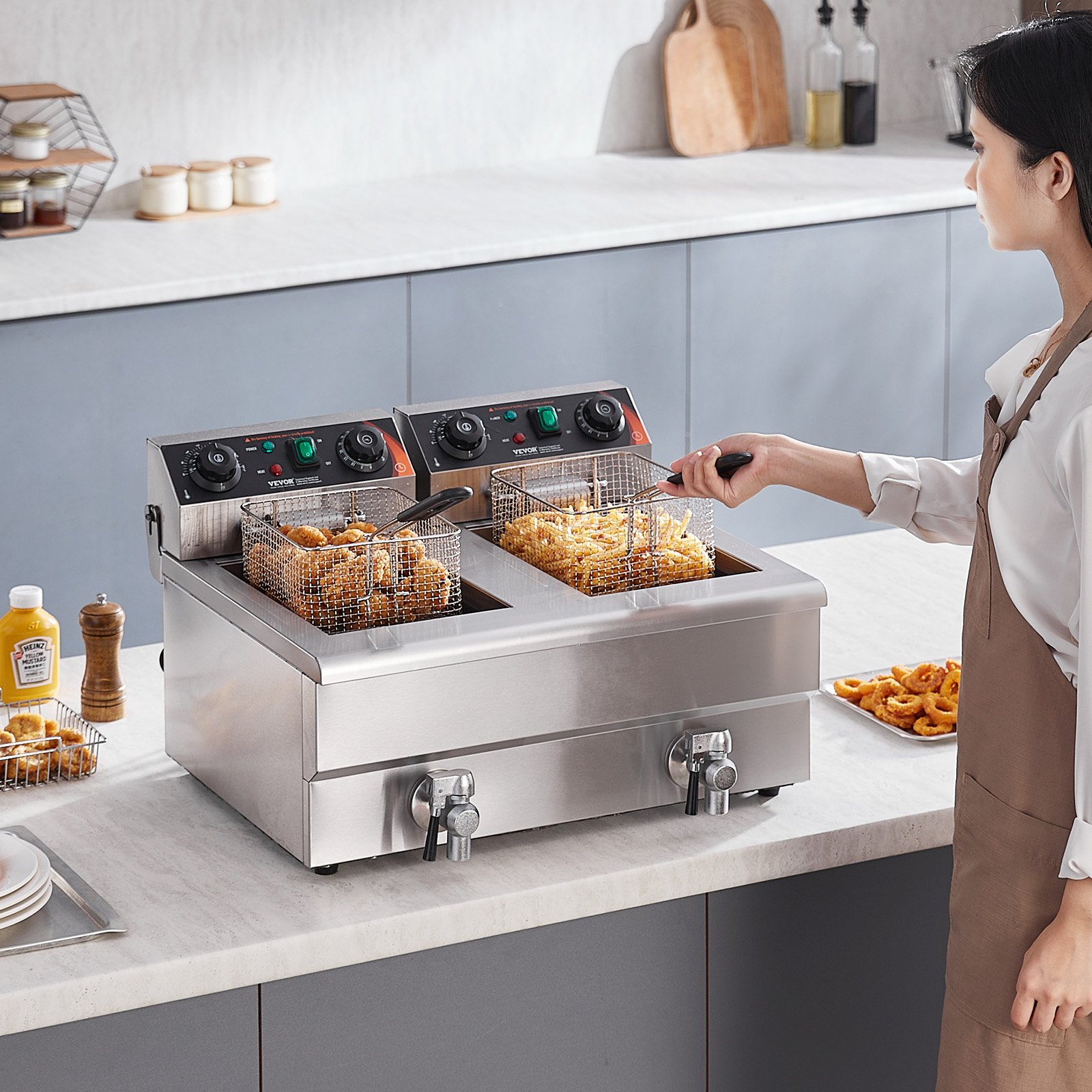 Freidora comercial VEVOR, freidora eléctrica de encimera de doble tanque de 3000 W con cesta, 2 x 11,6 qt/11 l, freidora de aceite doble de acero inoxidable con filtración de aceite, control de tiempo y temperatura, para uso en cocinas y restaurantes.