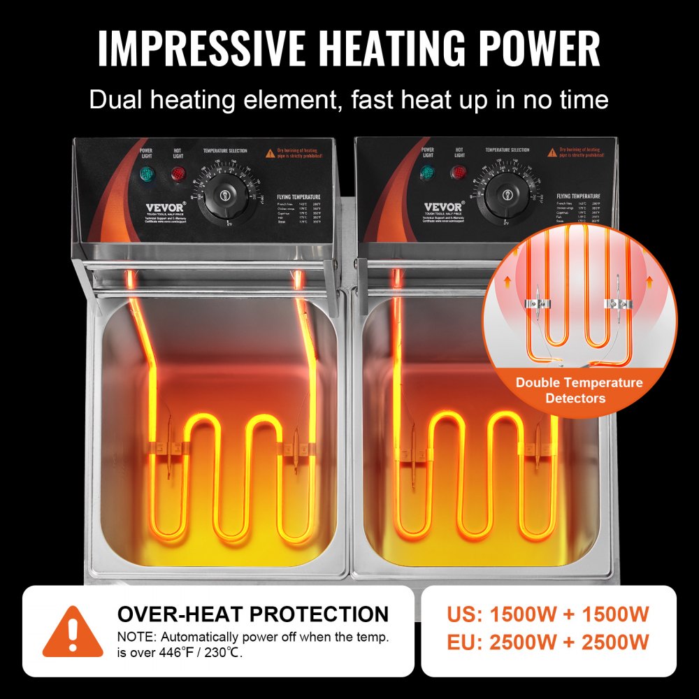 Freidora comercial VEVOR, freidora eléctrica de encimera de doble tanque de 3000 W con cesta, 2 freidoras de aceite de acero inoxidable de 9,1 qt/8,6 l, con control de temperatura y protección contra sobrecalentamiento, para uso en cocinas y restaurantes.
