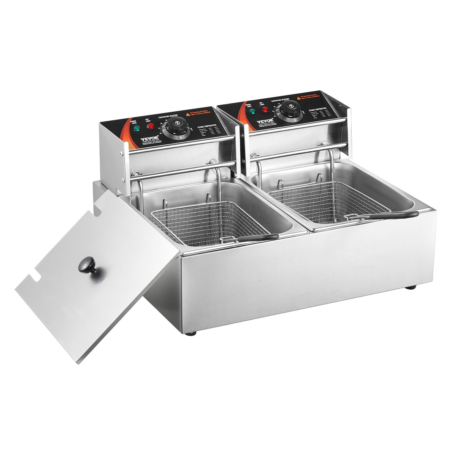 Freidora comercial VEVOR, freidora eléctrica de encimera de doble tanque de 3000 W con cesta, 2 freidoras de aceite de acero inoxidable de 9,1 qt/8,6 l, con control de temperatura y protección contra sobrecalentamiento, para uso en cocinas y restaurantes.