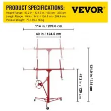Panel elevador de paneles de yeso VEVOR, elevador de paneles de yeso de 11 pies, capacidad de peso de 150 libras, herramienta de elevación de panel, material de acero con brazo telescópico y 3 ruedas bloqueables, 48 ​​x 192 pulgadas, tamaño de placa de yeso