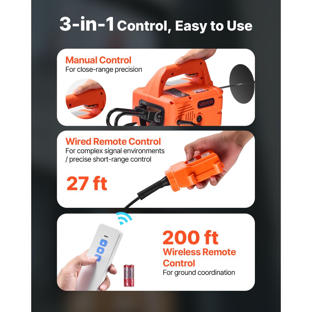 Cabrestante eléctrico 3 en 1 VEVOR, capacidad de 1100 lb, cabrestante eléctrico portátil de 1500 W, altura de elevación de 25 pies, 16,4 pies/min con control remoto manual, con cable e inalámbrico para fábricas, almacenes y garajes.