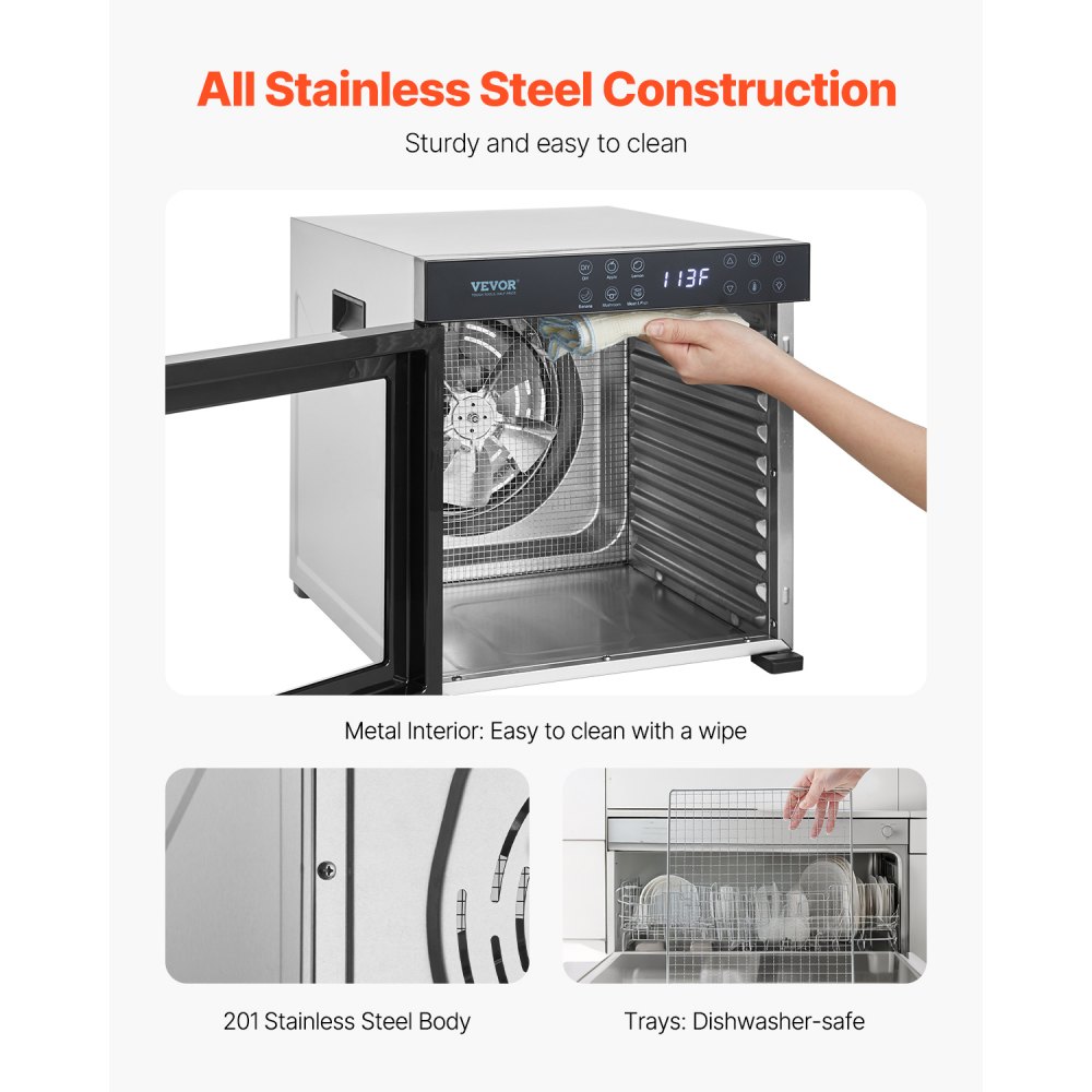Deshidratador de alimentos VEVOR, 10 bandejas de acero inoxidable, 1000 W, temperatura ajustable y temporizador de 24 horas, liofilizador para carne seca, frutas, verduras, hierbas y golosinas para perros.