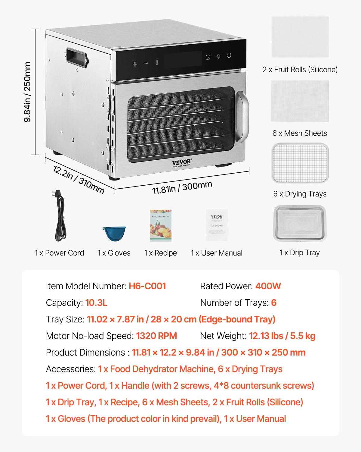 Deshidratador de alimentos VEVOR, 6 bandejas de acero inoxidable, 400 W, temperatura ajustable y temporizador de 24 horas, liofilizador para carne seca, frutas, verduras, hierbas y golosinas para perros.