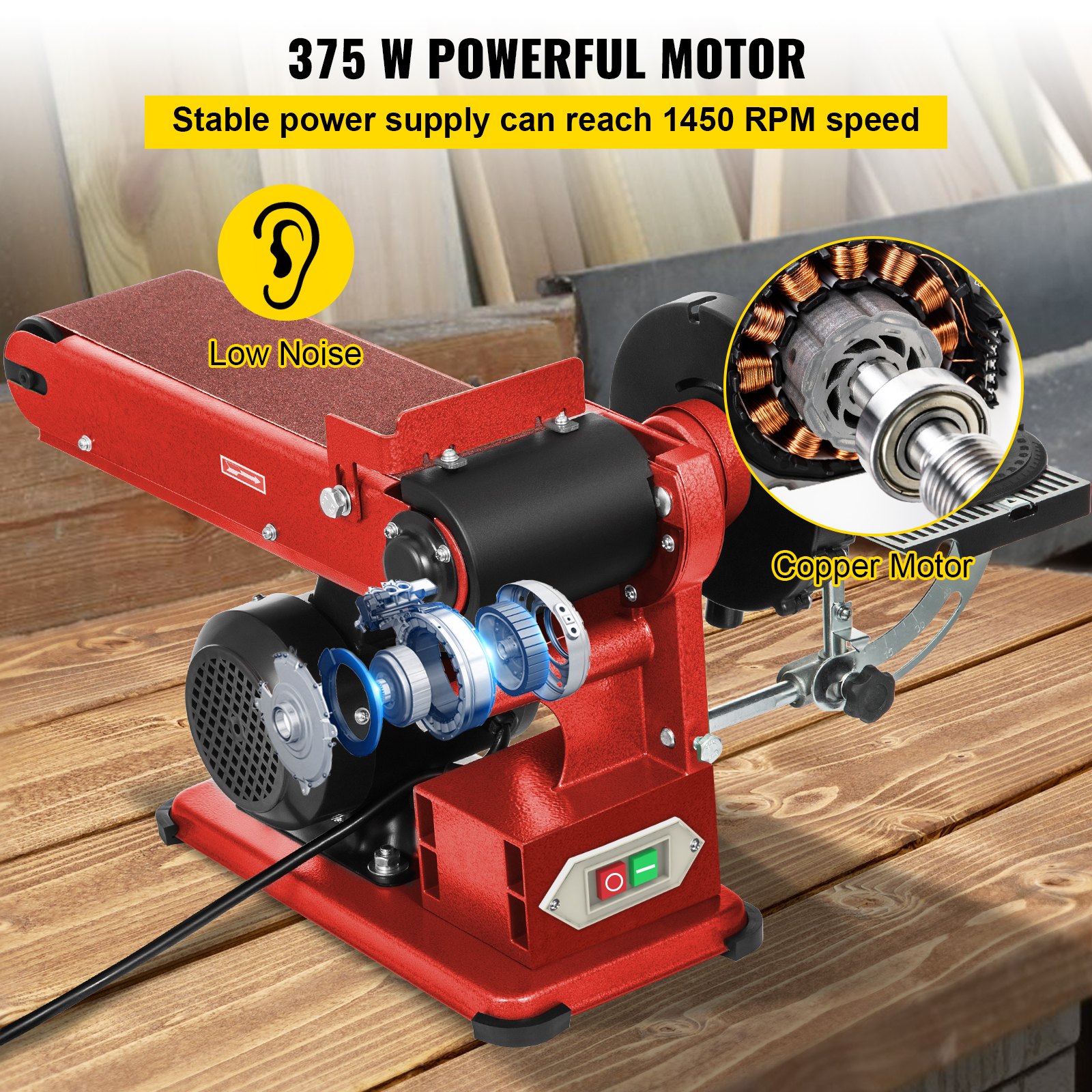 Lijadora de disco de banda VEVOR con motor de 375 W y función de bajo nivel de ruido sobre una superficie de madera.