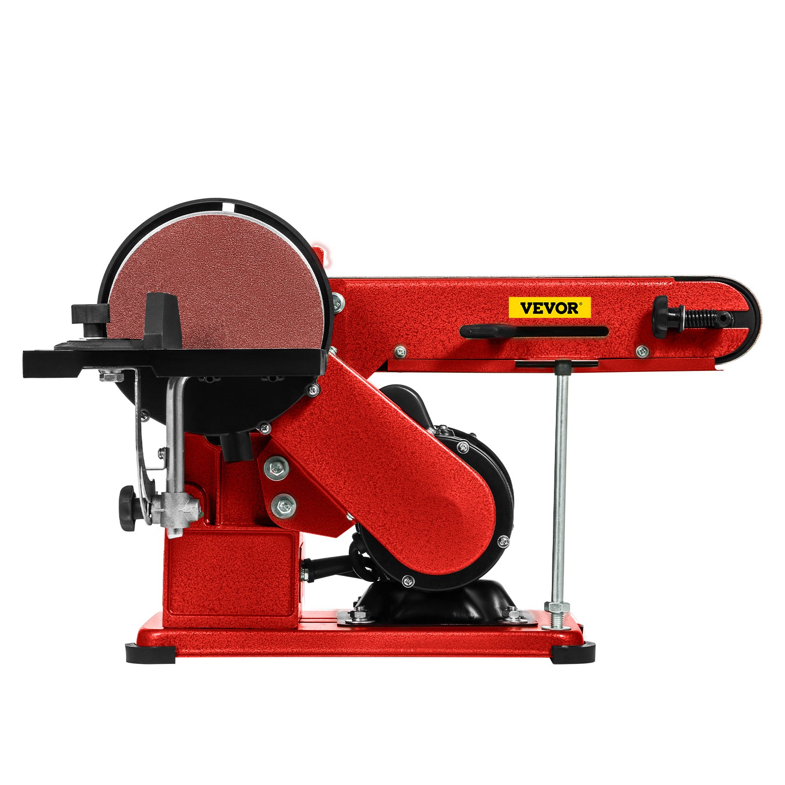Lijadora de disco de banda roja VEVOR con mesas ajustables y base resistente para un lijado de precisión.