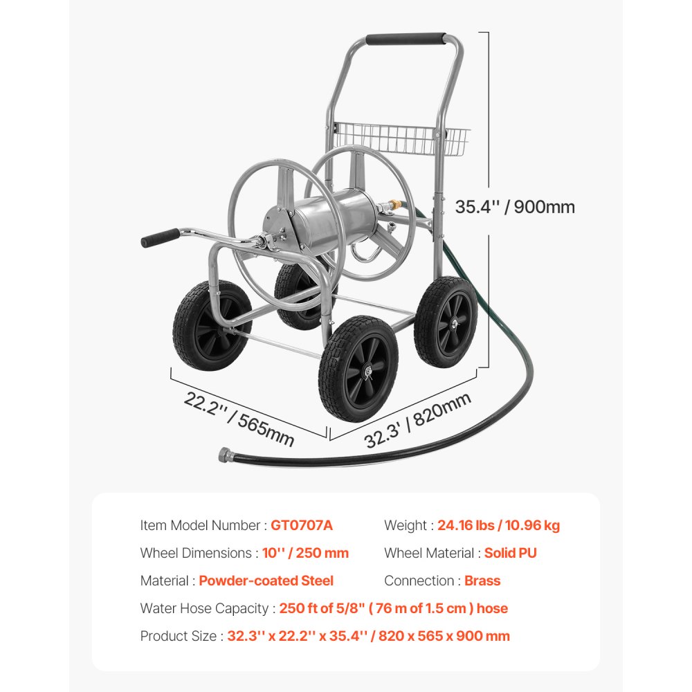VEVOR Water Hose Reel Cart, 250/400 ft High-Pressure Garden Hose Cart, Hoses Reel Carts with Four Wheels, Handle & Heavy-Duty Mesh Storage Basket, Portable Hoses Reels for Garden Watering, Car Washing