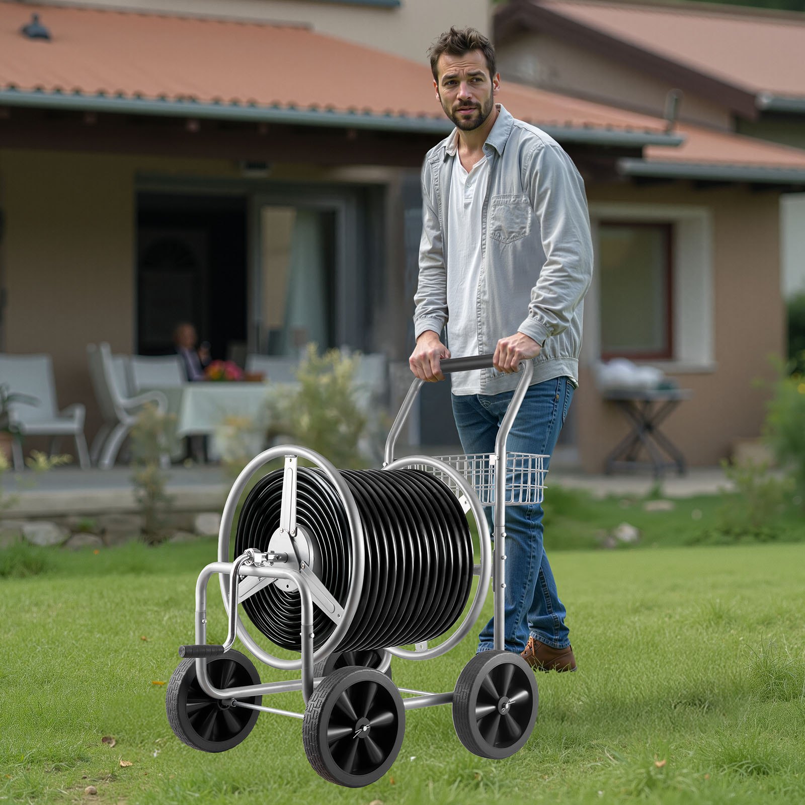 VEVOR Carro de carrete de manguera, sostiene hasta 250 pies de manguera de 5/8 pulgadas, carros de manguera de agua de jardín herramientas móviles con 4 ruedas, plantación al aire libre de acero con r