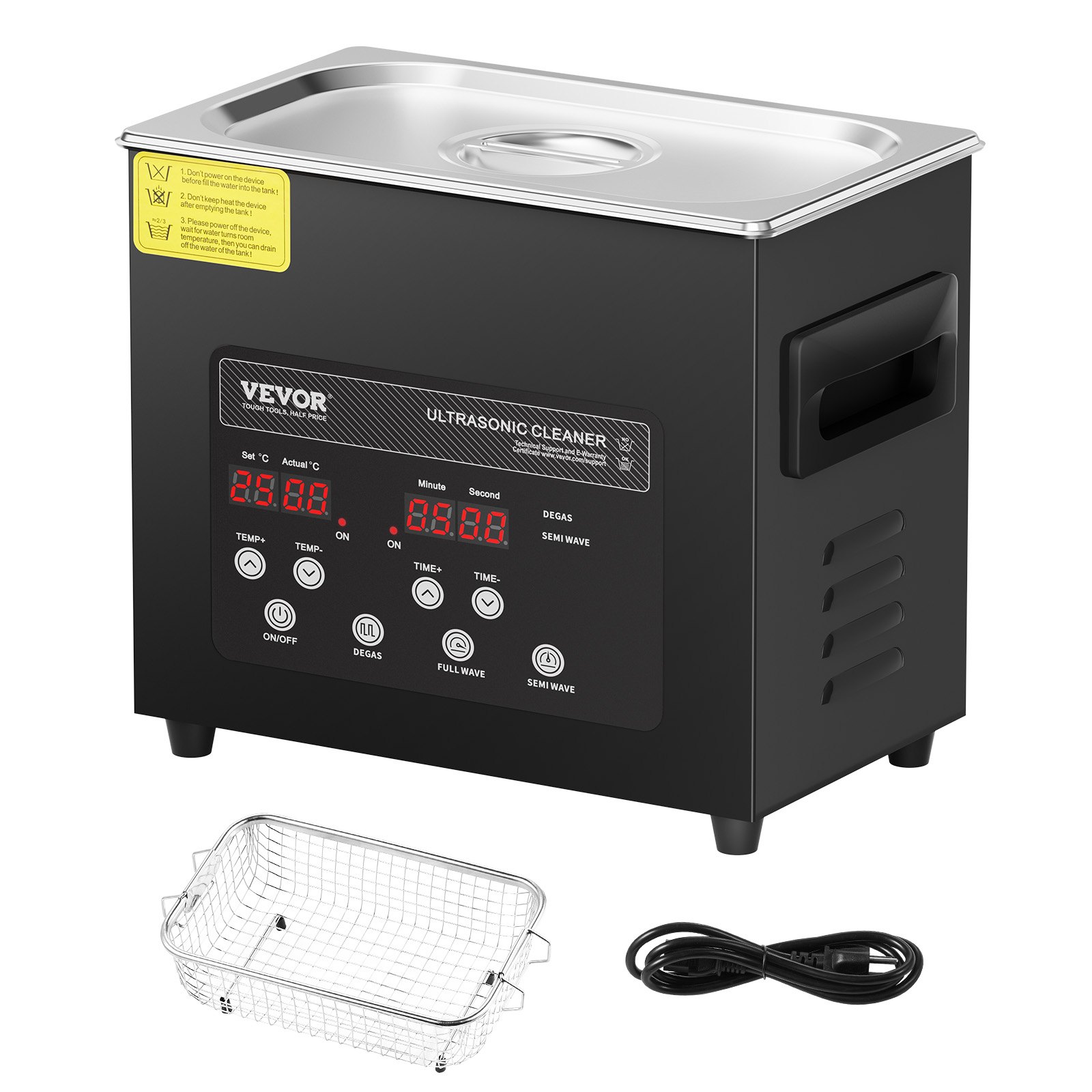 Limpiador ultrasónico VEVOR 3L con calentador y temporizador, máquina limpiadora ultrasónica de acero inoxidable de 110 W con modos de desgasificación y suave, limpiador de piezas ultrasónico con control de perilla para herramientas automáticas de piezas de máquina