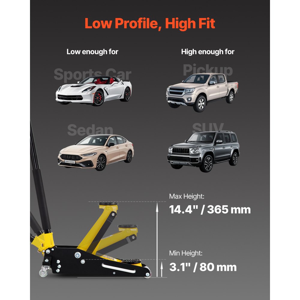 Gato de piso VEVOR de perfil bajo de 1,5 toneladas, de aluminio y acero para carreras, con bomba de elevación rápida de dos pistones y rango de elevación de 3-3/20" a 14-10/27".
