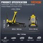 Especificaciones del gato de piso VEVOR, 28,9 x 13,1 x 6,2 pulgadas, 67,8 lb, adecuado para automóviles, SUV, camiones y vehículos recreativos.
