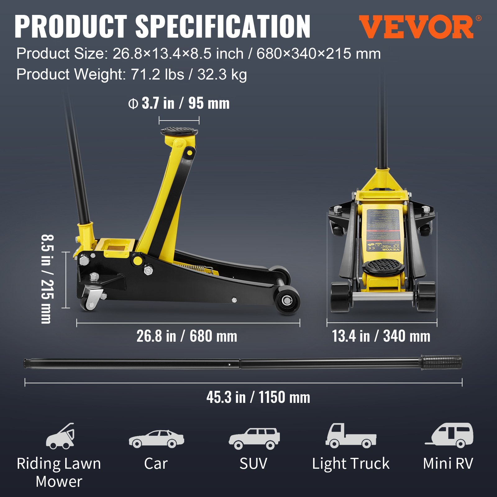 Dimensiones y peso del gato de piso VEVOR, mostrados con imágenes y vehículos compatibles: automóvil, SUV, camión, RV.