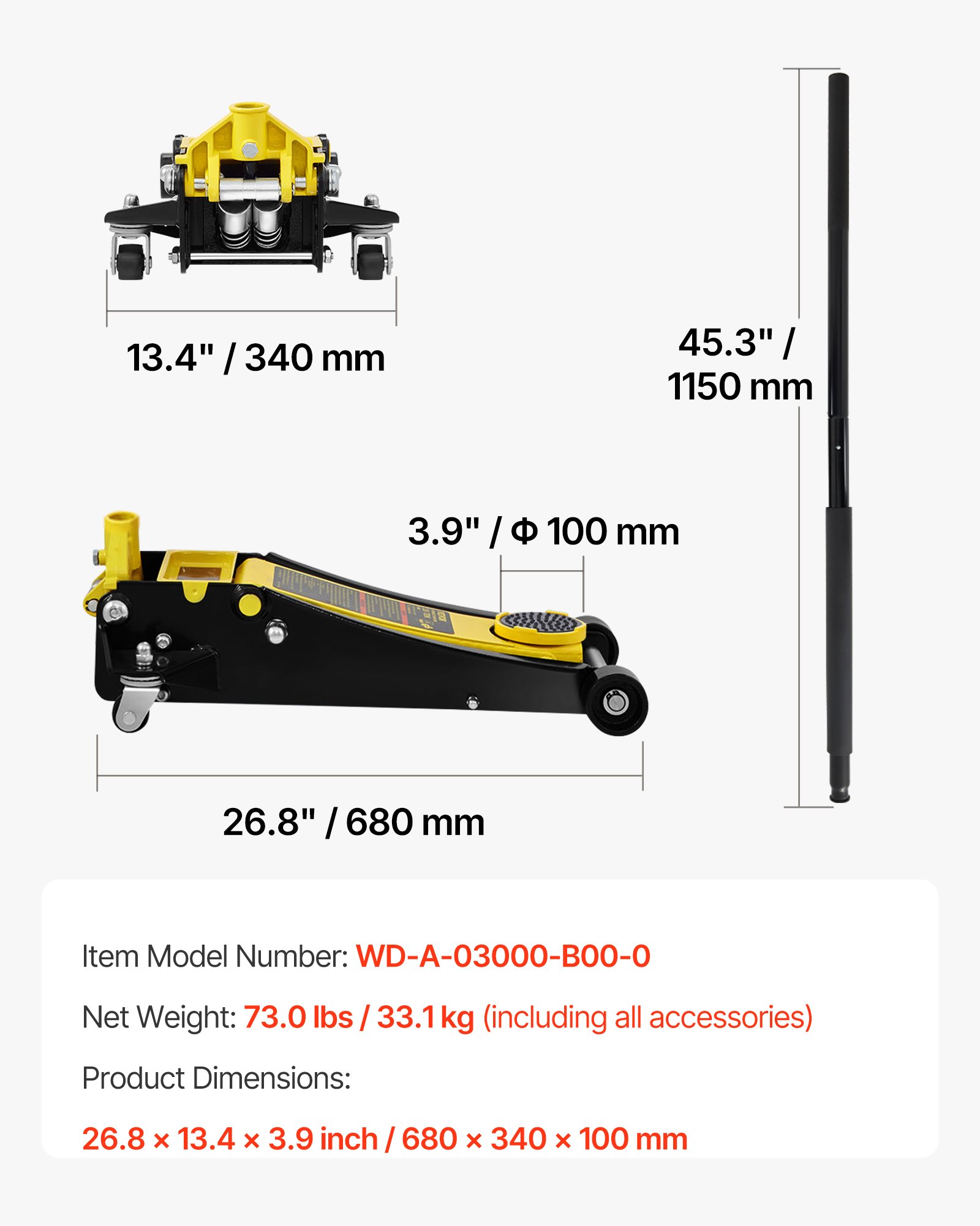 Gato de piso VEVOR de 3 toneladas, de perfil bajo, de acero resistente para carreras, con bomba de elevación rápida de doble pistón y rango de elevación de 8,5 a 50 cm.