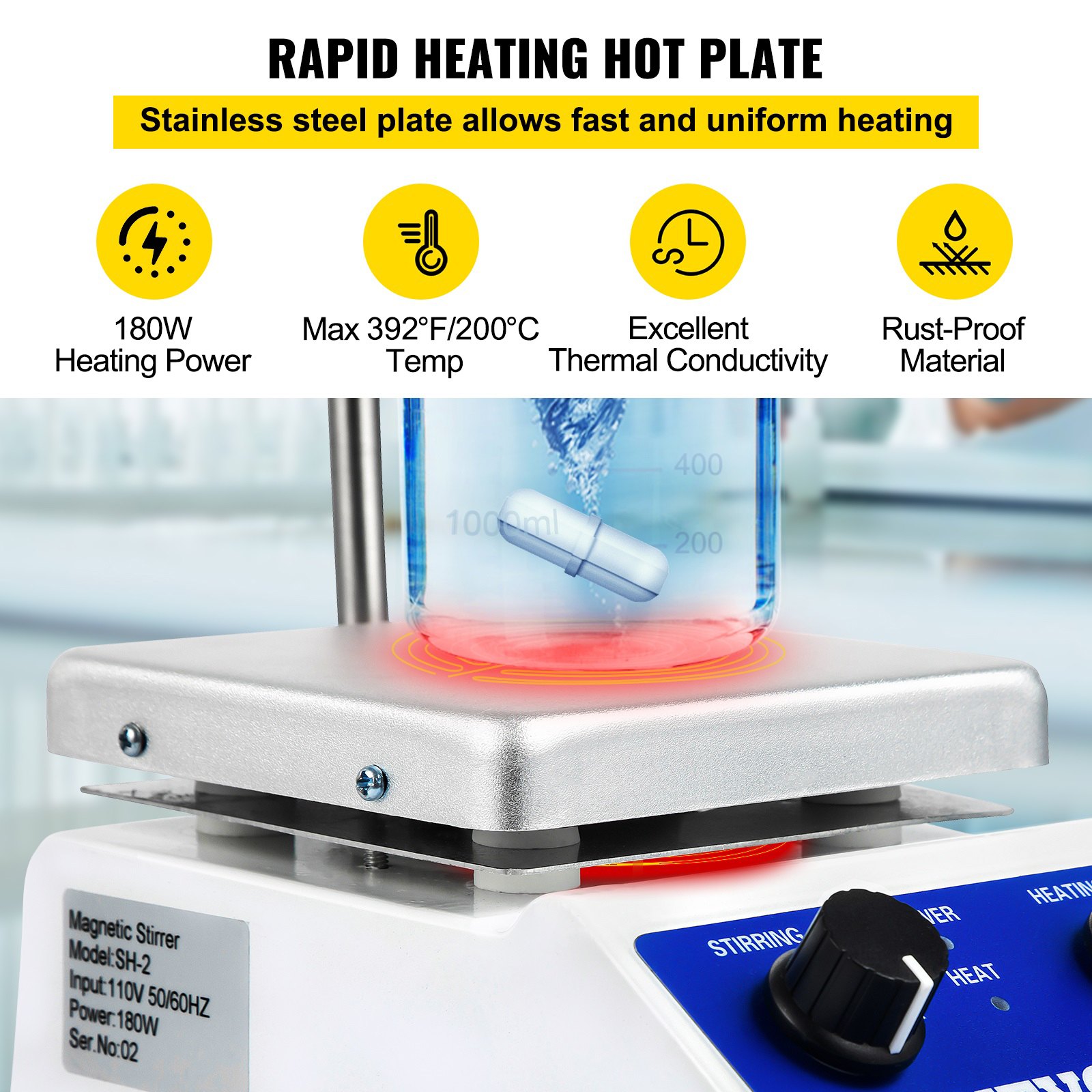 Agitador magnético VEVOR con placa calefactora de calentamiento rápido, 180 W, temperatura máxima de 200 °C/392 °F.