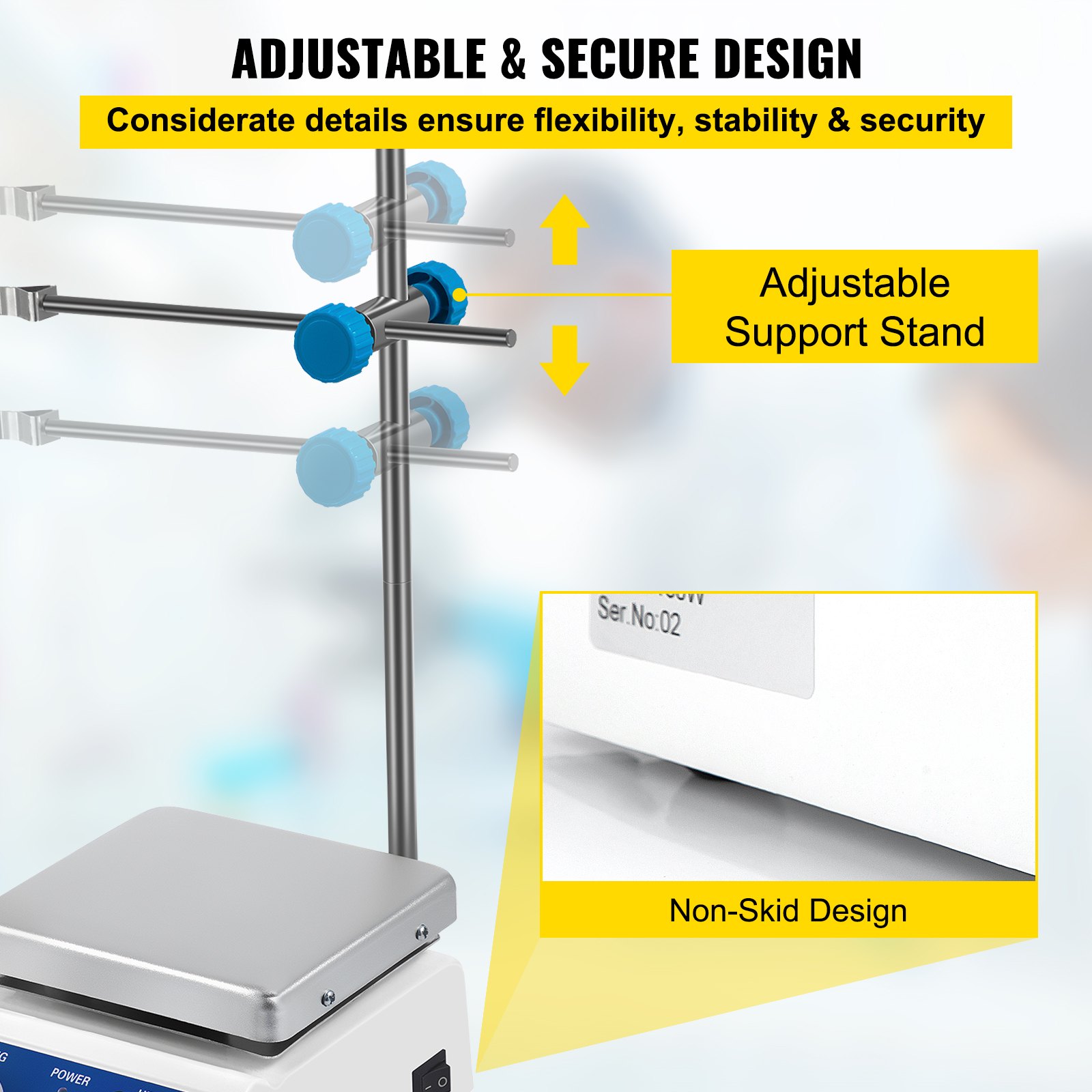 Agitador magnético VEVOR con soporte ajustable y diseño antideslizante para mayor estabilidad.