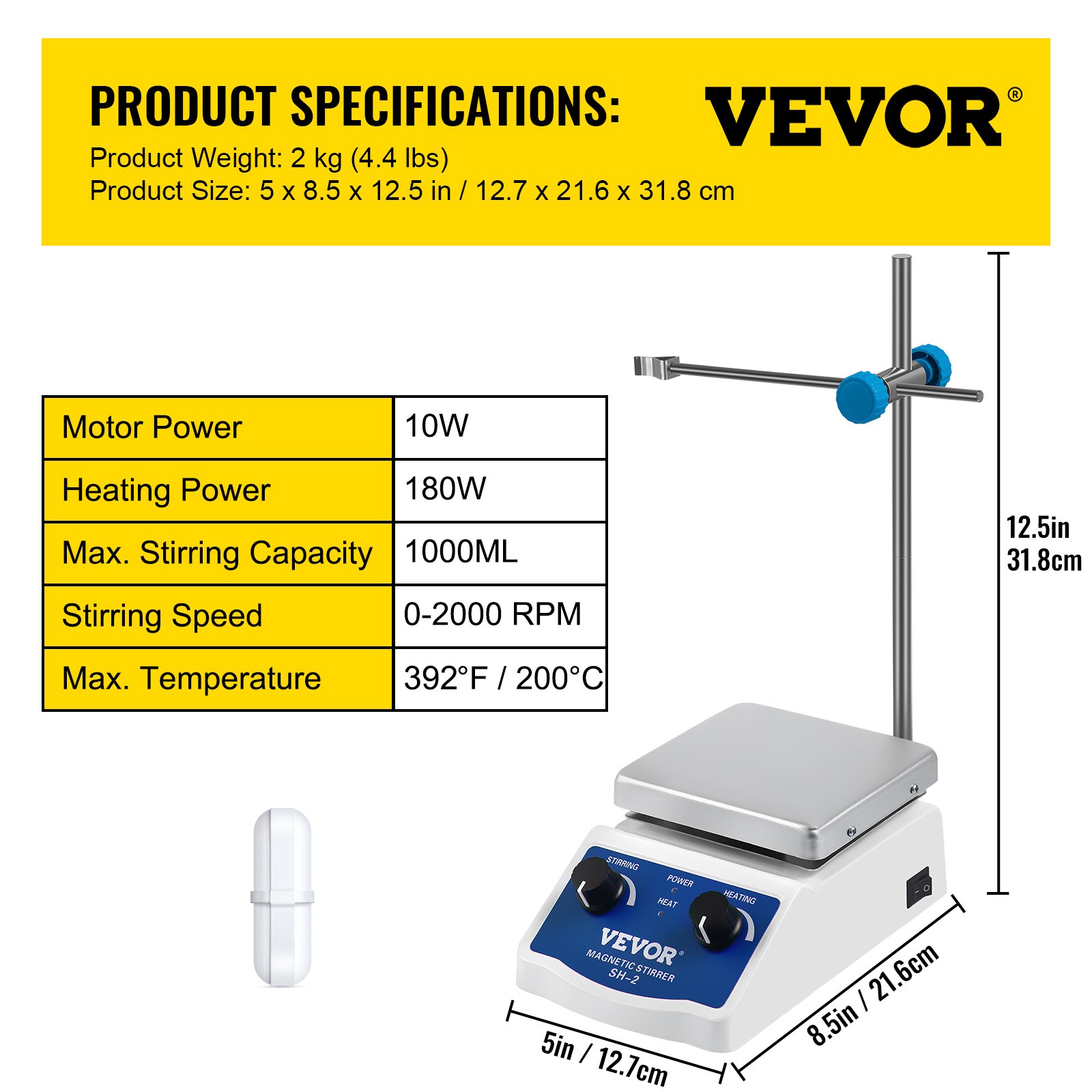 Especificaciones del agitador magnético VEVOR: potencia del motor de 10 W, potencia de calentamiento de 180 W, 0-2000 rpm.
