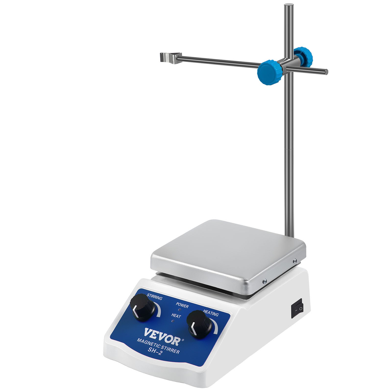 Agitador magnético VEVOR sh-2 con soporte de acero inoxidable ajustable y perillas de control.