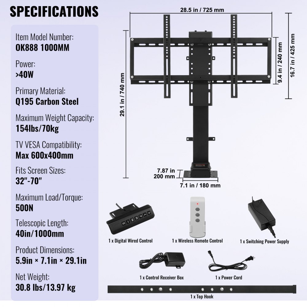 Elevador de TV automatizado VEVOR, recorrido de 39.4", compatible con televisores de 32 a 70", altura ajustable de 28.74 a 68.11", control remoto, carga máxima de 154 lb