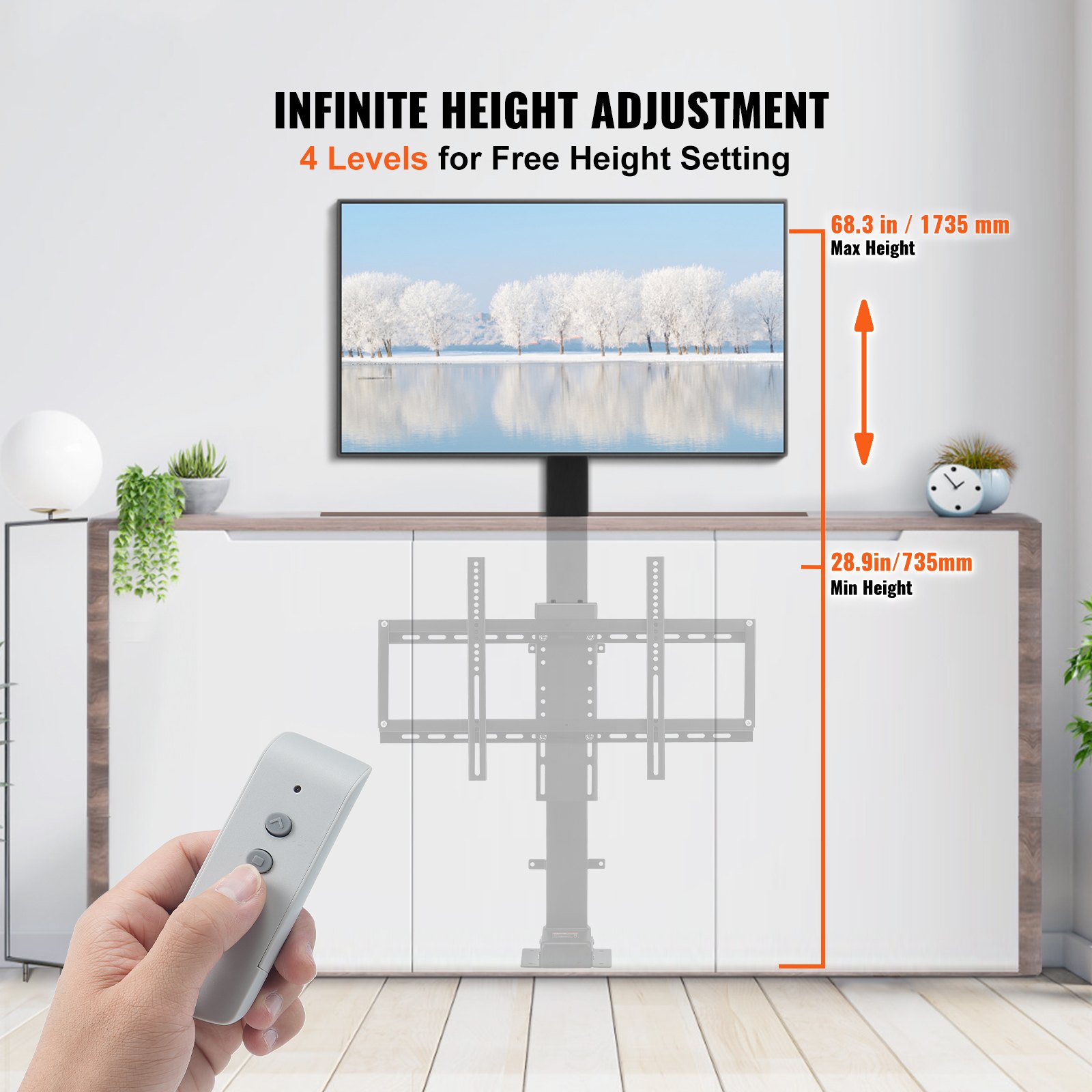 Elevador de TV automatizado VEVOR, recorrido de 39.4", compatible con televisores de 32 a 70", altura ajustable de 28.74 a 68.11", control remoto, carga máxima de 154 lb