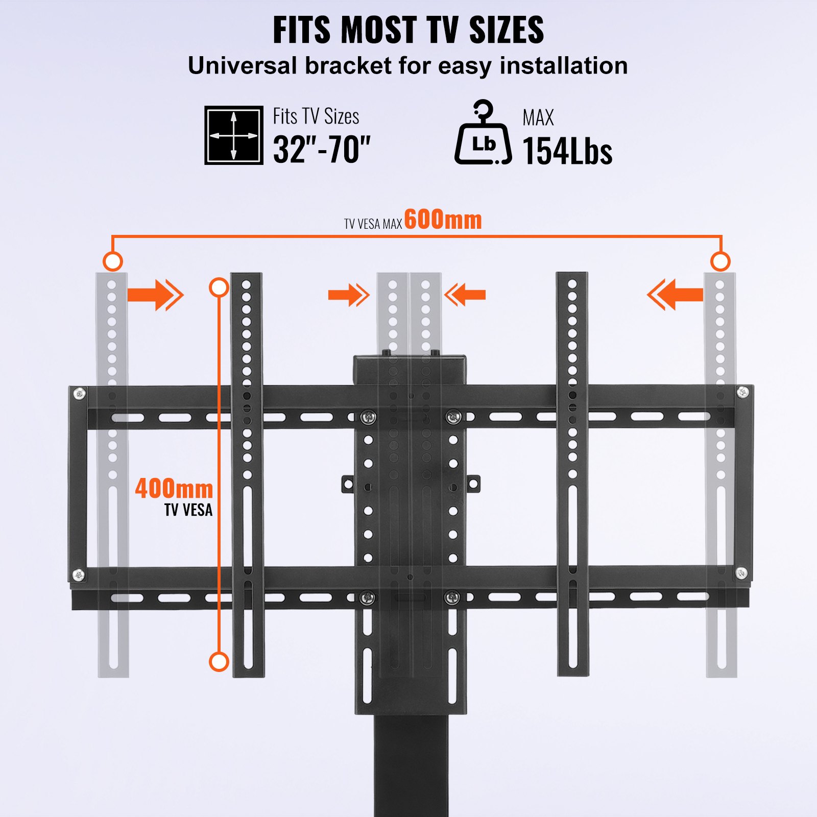 Elevador de TV automatizado VEVOR, recorrido de 39.4", compatible con televisores de 32 a 70", altura ajustable de 28.74 a 68.11", control remoto, carga máxima de 154 lb