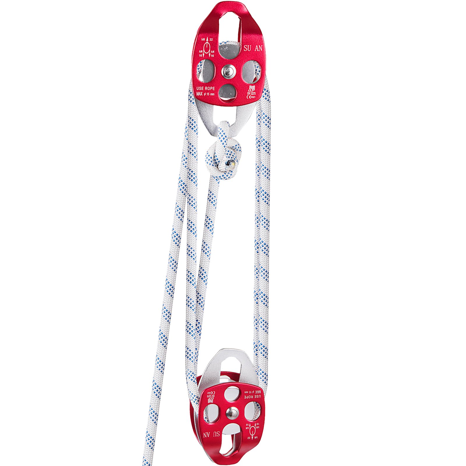 Bloque de polea doble VEVOR rojo con cuerda trenzada para sistema de poleas.