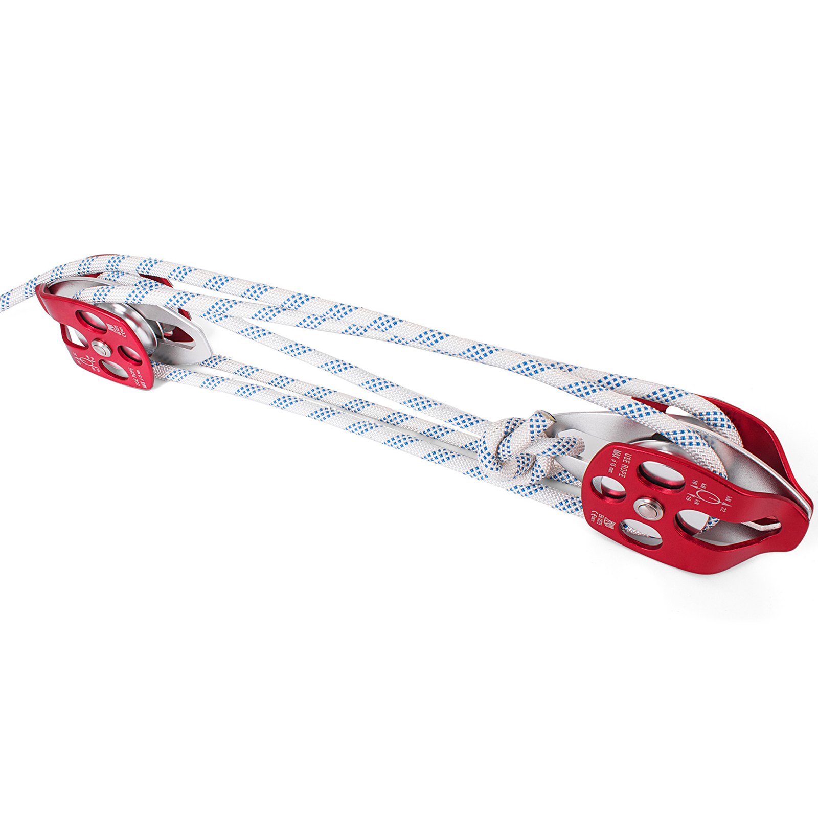 Polipasto de polea doble VEVOR con cuerda, poleas metálicas rojas y cuerda blanca con puntos azules.