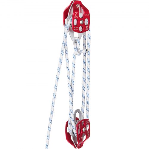 Bloque de polea doble VEVOR y aparejo Bloque de polea doble de 1/2" x 100 pies con cuerda trenzada 30-35KN 6600-7705LBS Aparejo de polea doble