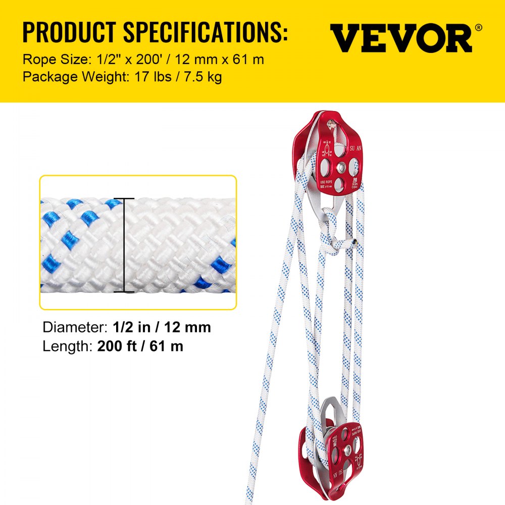 Bloque y aparejo de polea doble VEVOR con cuerda de 1/2&quot;, longitud de 200&#039;, peso de 17 lbs.