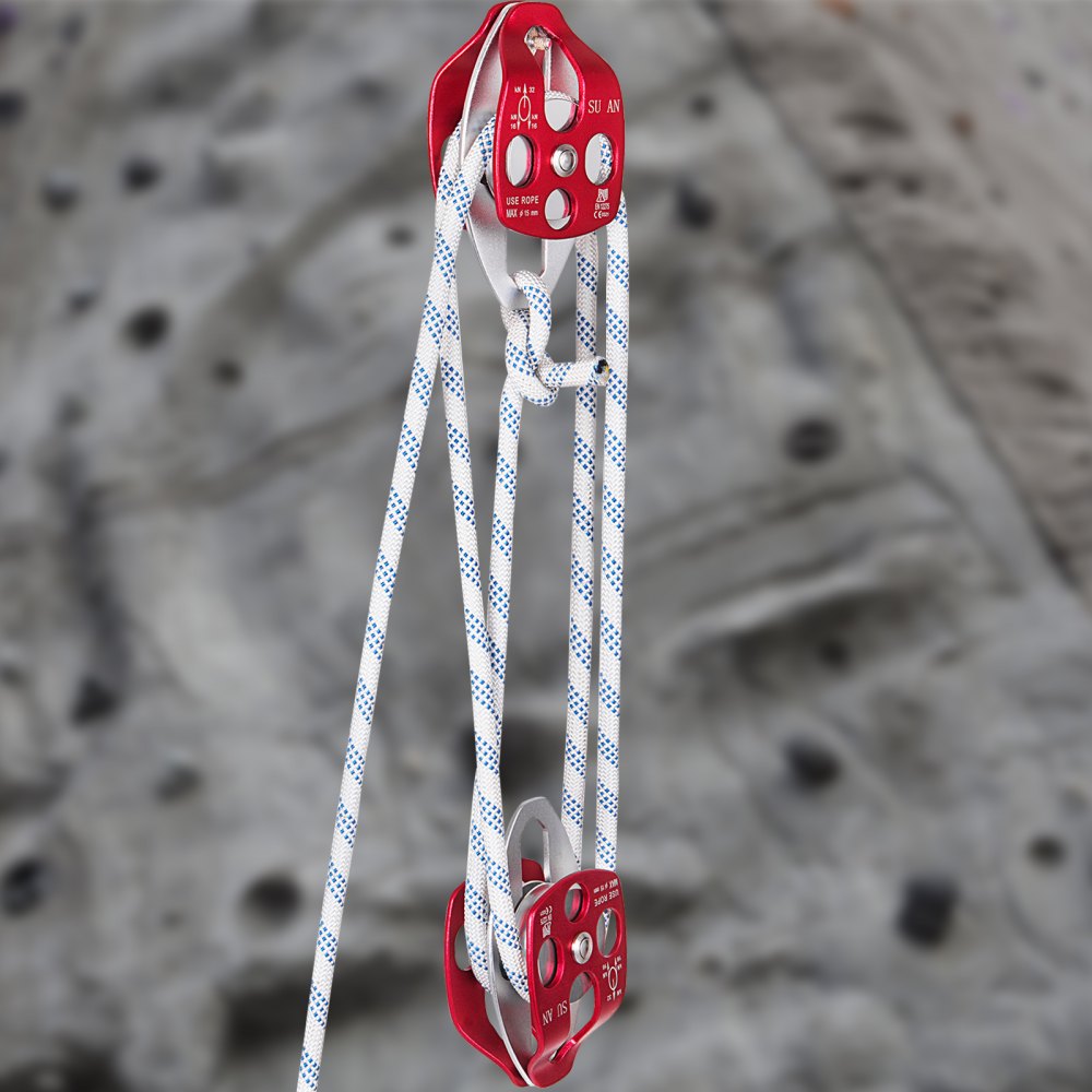 Polipasto de polea doble VEVOR rojo con cuerda punteada en blanco y azul.