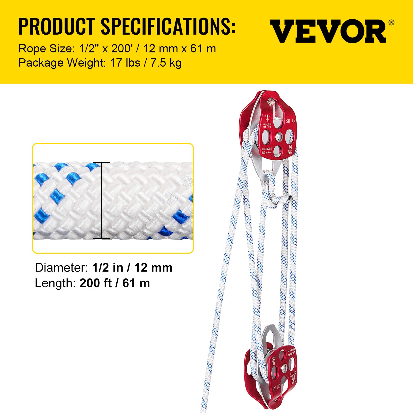 Bloque y aparejo de polea doble VEVOR con cuerda de 1/2&quot;, longitud de 200&#039;, peso de 17 lbs.