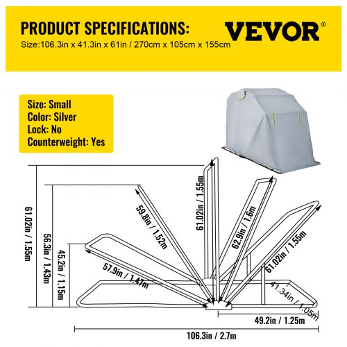 VEVOR - Tienda de campaña impermeable para almacenamiento de motocicletas, Oxford 600D, color plateado, 106.3 x 41.3 x 61 pulgadas, cobertizo para motocicletas con bolsa de transporte pequeña