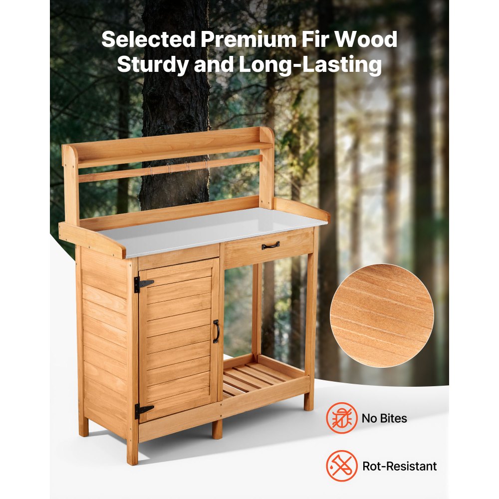 VEVOR Mesa de Jardinería 3 en 1, Banco de Trabajo de Jardín 1120 x 465 x 1255 mm con Tablero Metal Galvanizado, Estante Superior, Cajón, Armario, Ganchos para Exterior Macetas Patio Almacenamiento