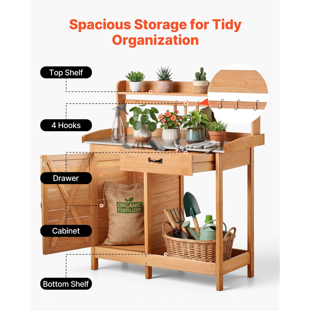 VEVOR Mesa de Jardinería 3 en 1, Banco de Trabajo de Jardín 1120 x 465 x 1255 mm con Tablero Metal Galvanizado, Estante Superior, Cajón, Armario, Ganchos para Exterior Macetas Patio Almacenamiento