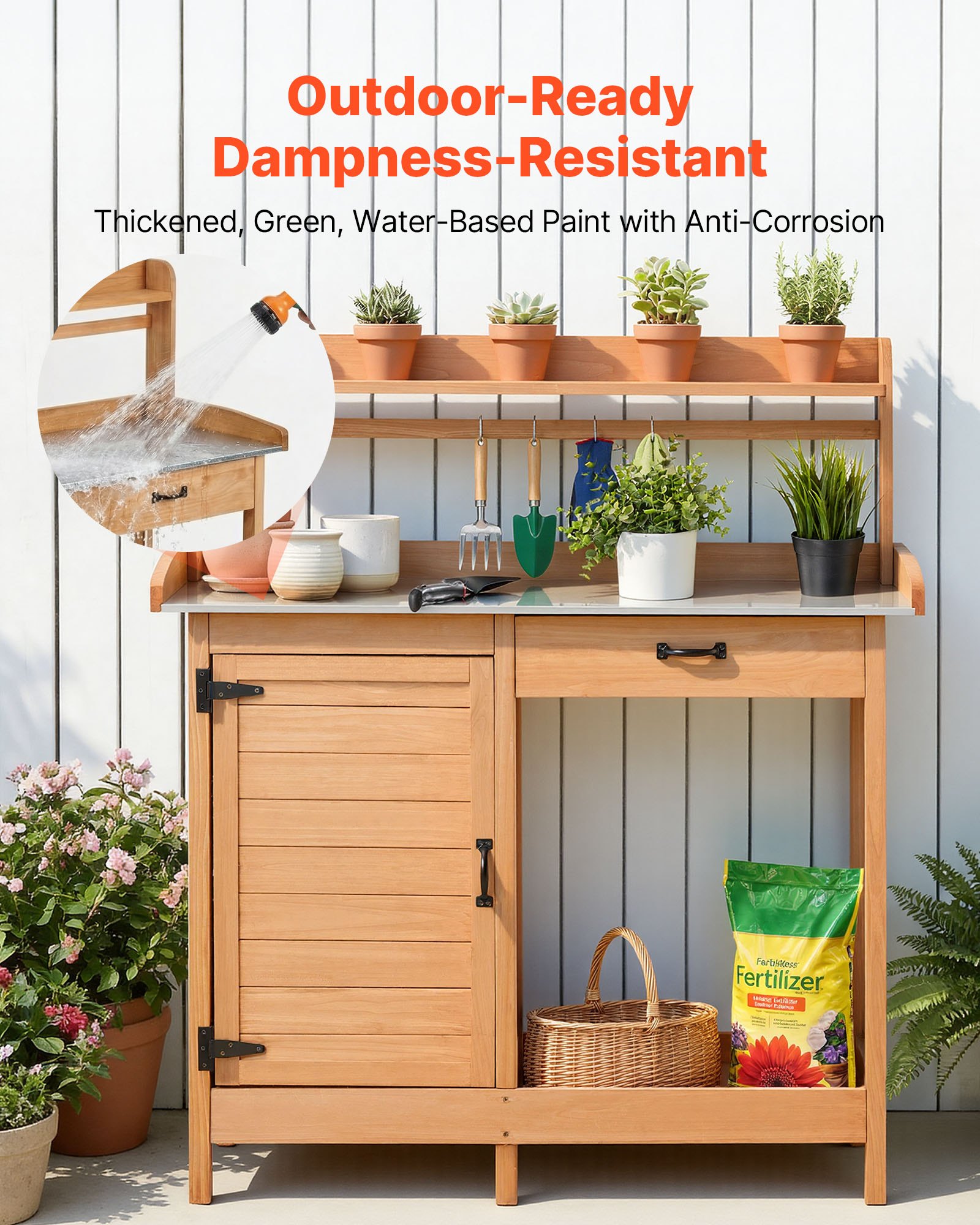 VEVOR Mesa de Jardinería 3 en 1, Banco de Trabajo de Jardín 1120 x 465 x 1255 mm con Tablero Metal Galvanizado, Estante Superior, Cajón, Armario, Ganchos para Exterior Macetas Patio Almacenamiento