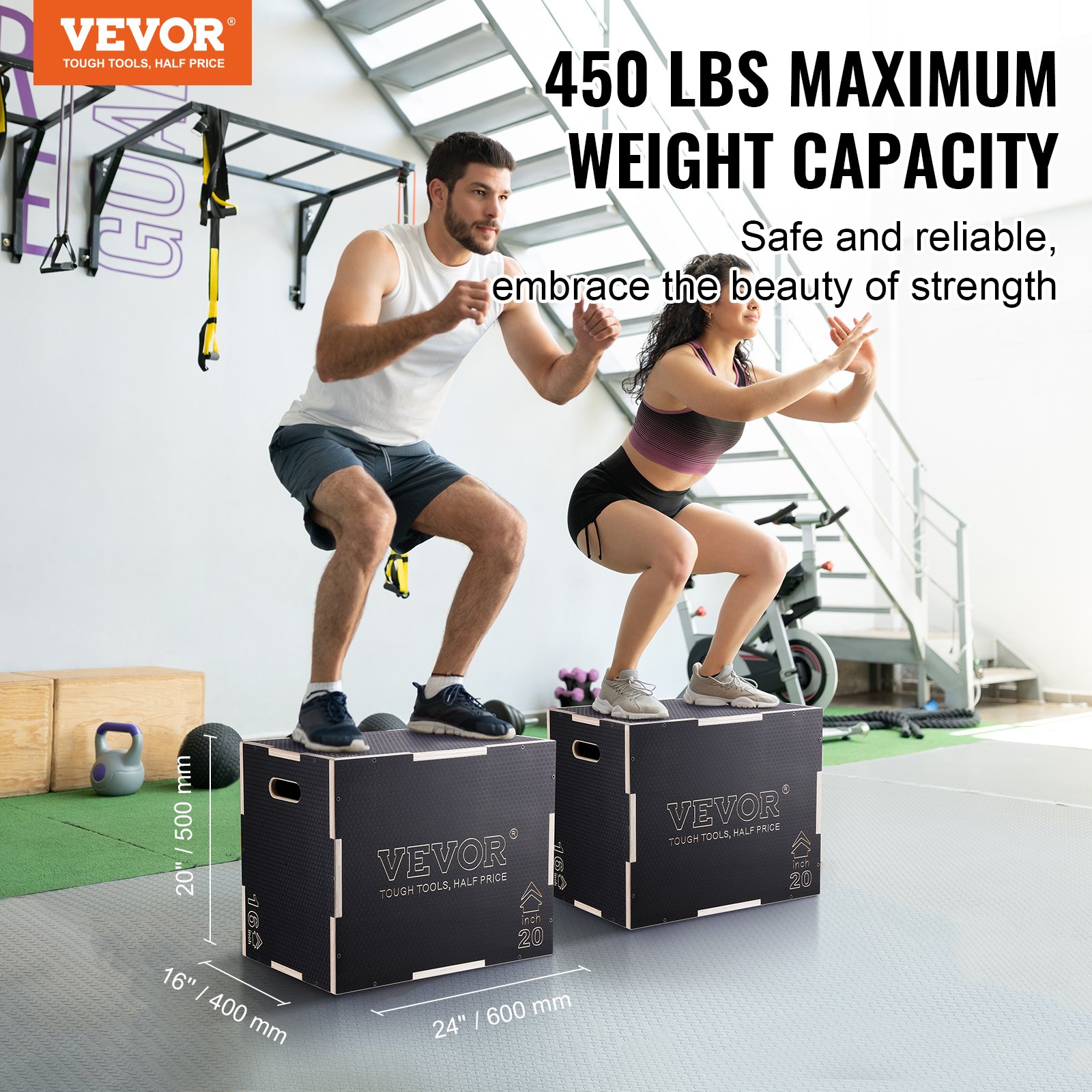 VEVOR Caja Pliométrica 3 en 1 Altura Ajustable 60/50/40 cm Caja de Salto Culturismo Fitness de Madera Antideslizante Carga de 204 kg para Entrenamiento Pliométrico Flexiones Sentadillas Gimnasio Hogar