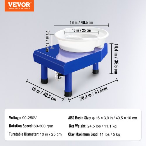 Rueda de cerámica VEVOR, máquina formadora de rueda de cerámica de 10 pulgadas, lavabo desmontable de ABS con pedal, panel LCD manual de velocidad ajustable de 60-300 RPM, kit de accesorios de delantal de herramienta de escultura para trabajo, arte, manualidades, bricolaje