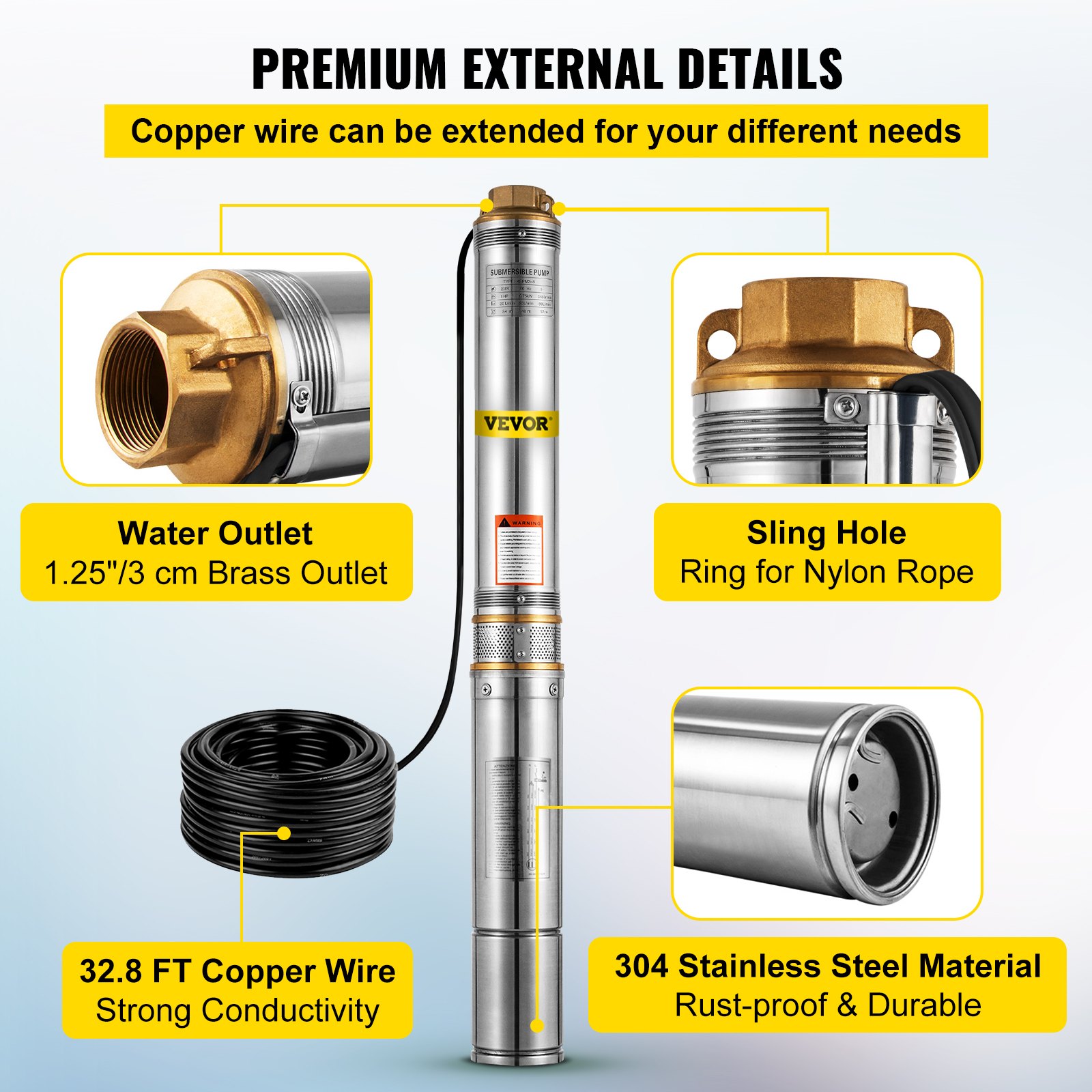 VEVOR Bomba de Pozo Profundo Motor de 750 W Bomba Sumergible para Pozo 110 V 60 Hz Bomba de Agua Sumergible para Pozos Flujo Máximo de 33 GPM Bomba para Pozos para Tierras de Cultivo Fábricas Minas